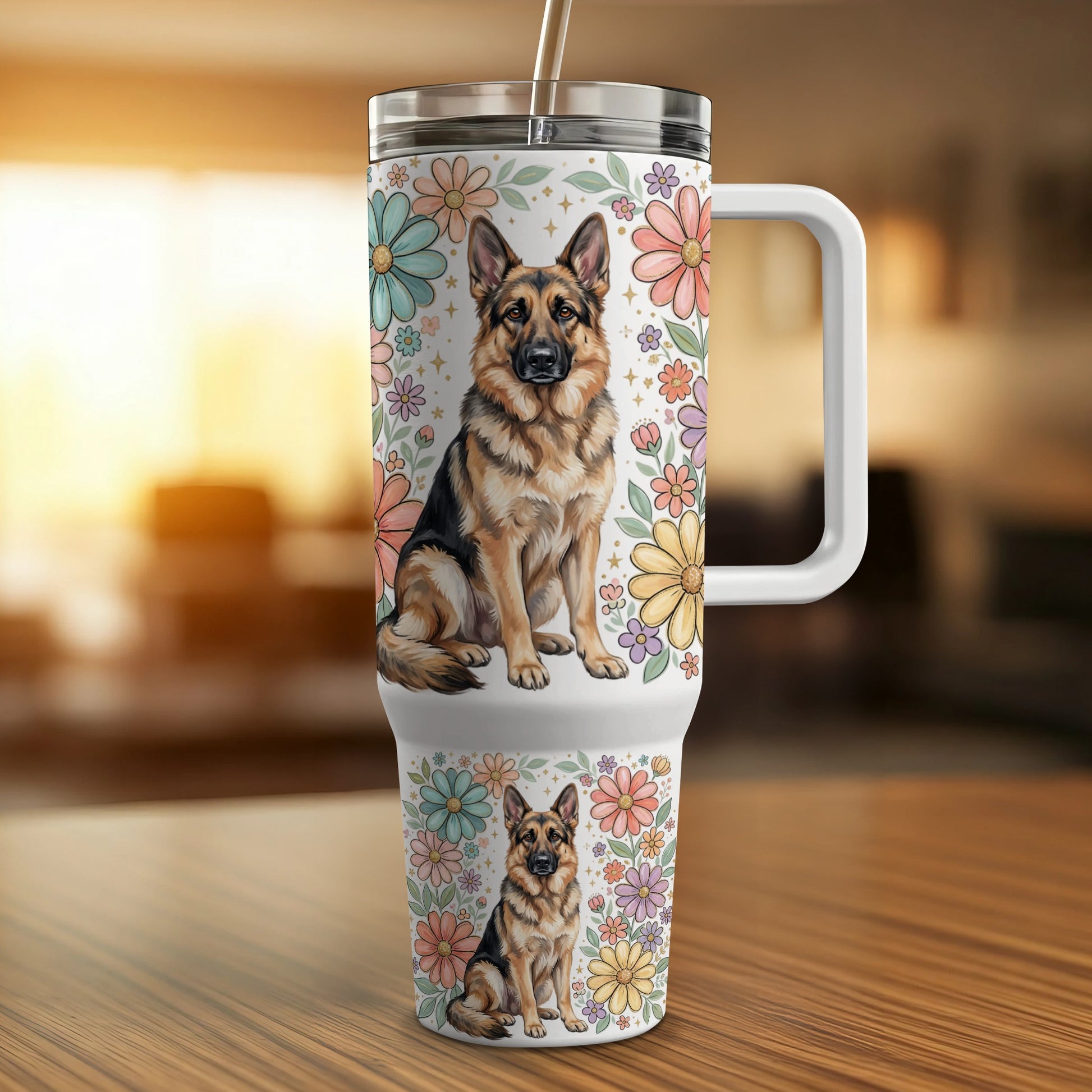 German Shepherd with flowers on a travel tumbler with handle.
