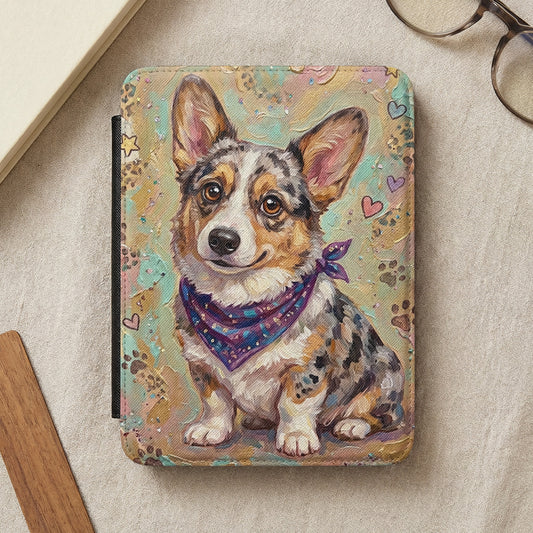 Corgi with bandana on colorful, textured background.