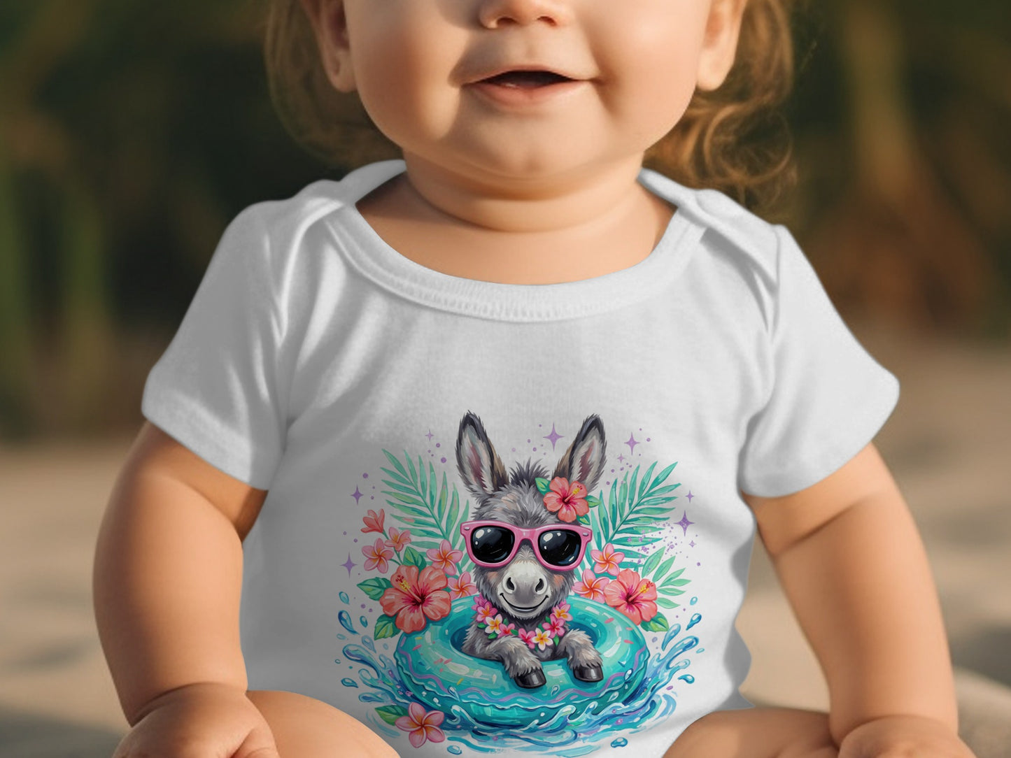 Baby in a white onesie with a donkey wearing sunglasses and a floral float graphic.