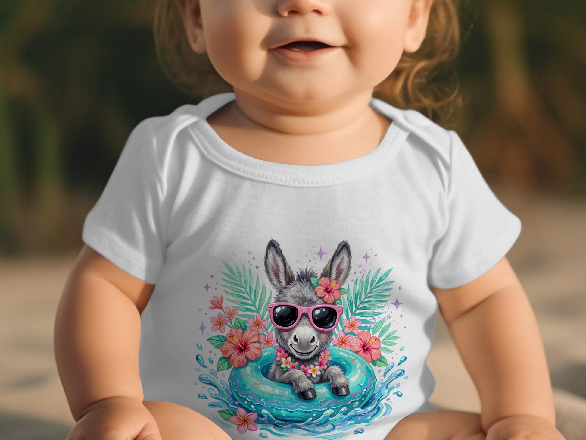 Baby in a white onesie with a donkey wearing sunglasses and a floral float graphic.