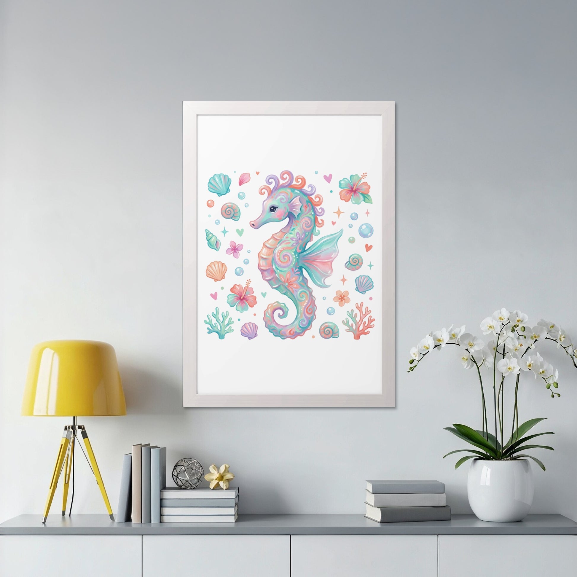 Watercolor seahorse artwork with seashells and bubbles in a white frame.