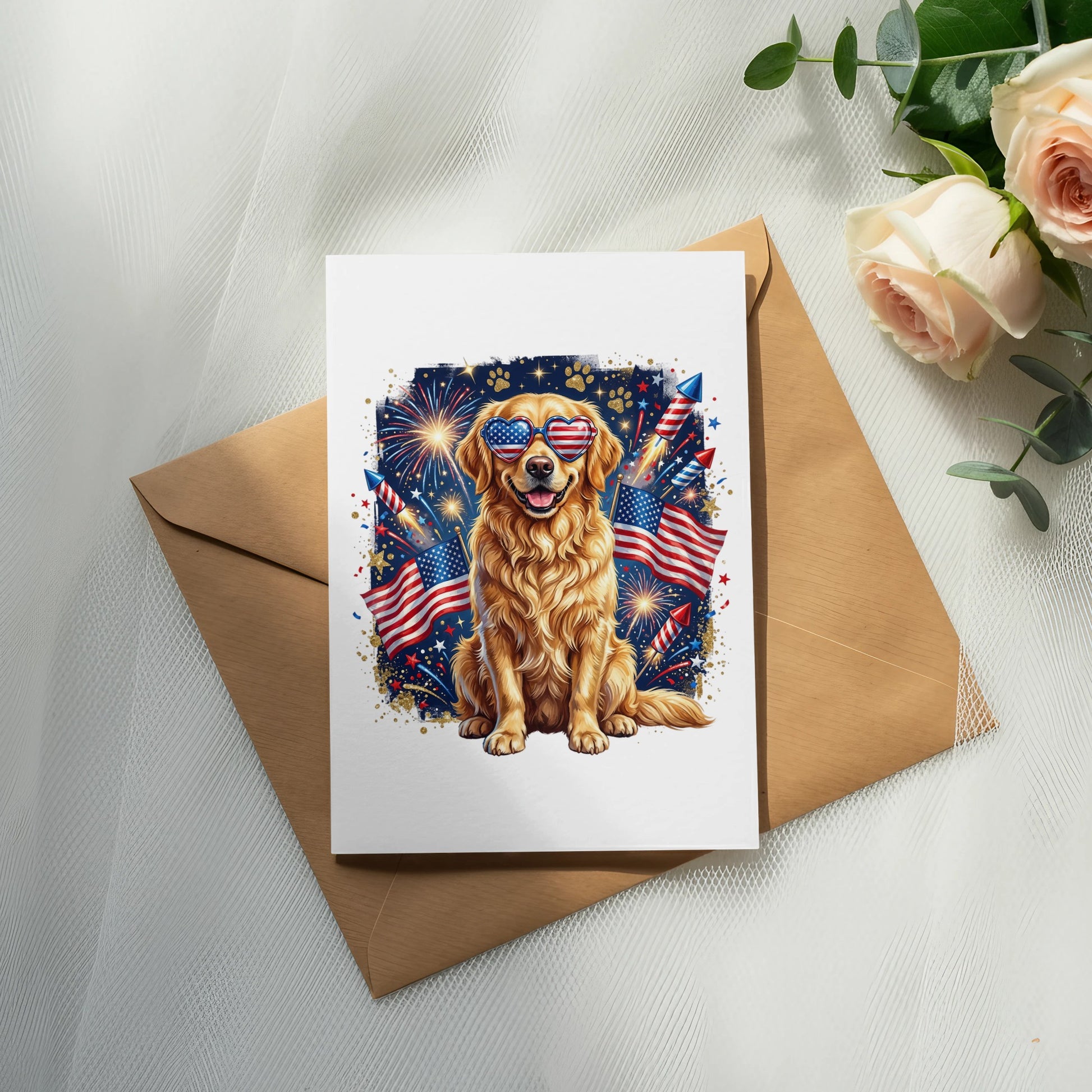 Golden retriever wearing American flag sunglasses, sitting in front of fireworks.