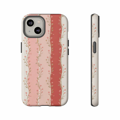 Phone case with a vertical floral stripe pattern in pink and cream tones.