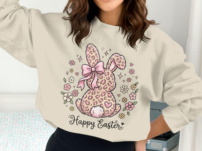 Cream sweatshirt with a leopard print bunny and "Happy Easter" text.