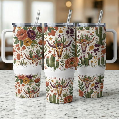 Three tumblers with a floral and cactus skull pattern.