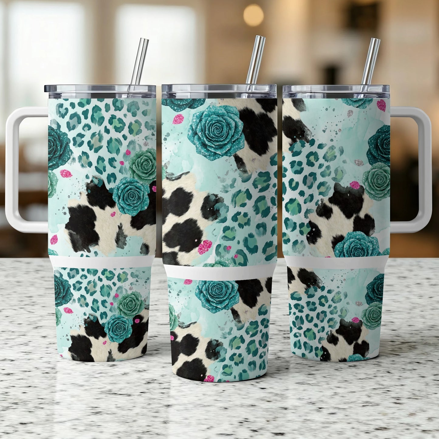 Three patterned tumblers with cow print, leopard print, and floral designs.