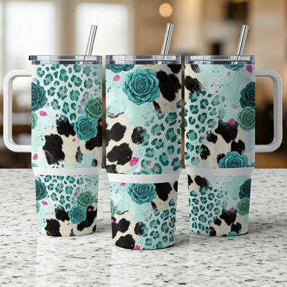 Three patterned tumblers with cow print, leopard print, and floral designs.