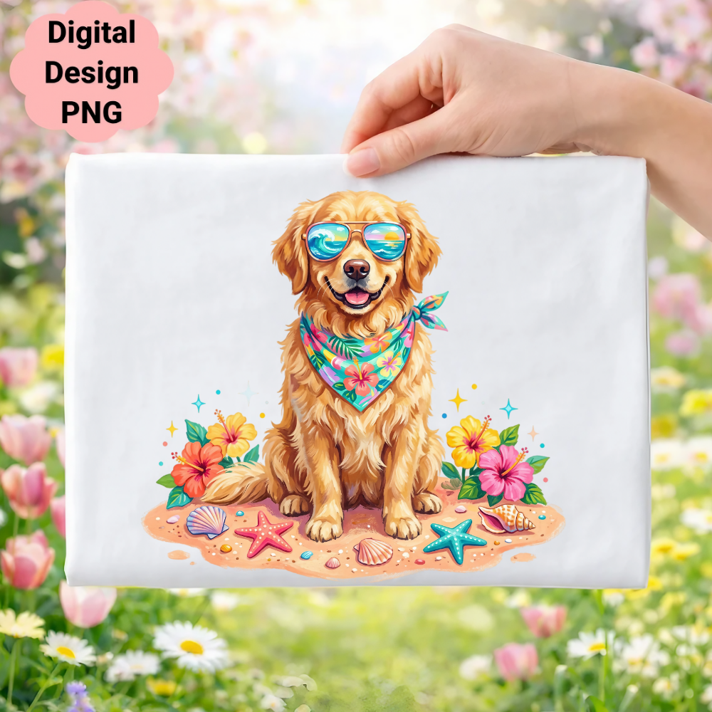 Golden retriever wearing sunglasses and bandana with beach-themed decorations.