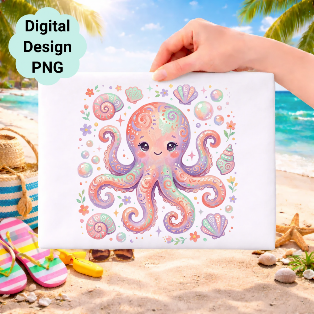 Cute cartoon octopus with shells and bubbles on a beach background.