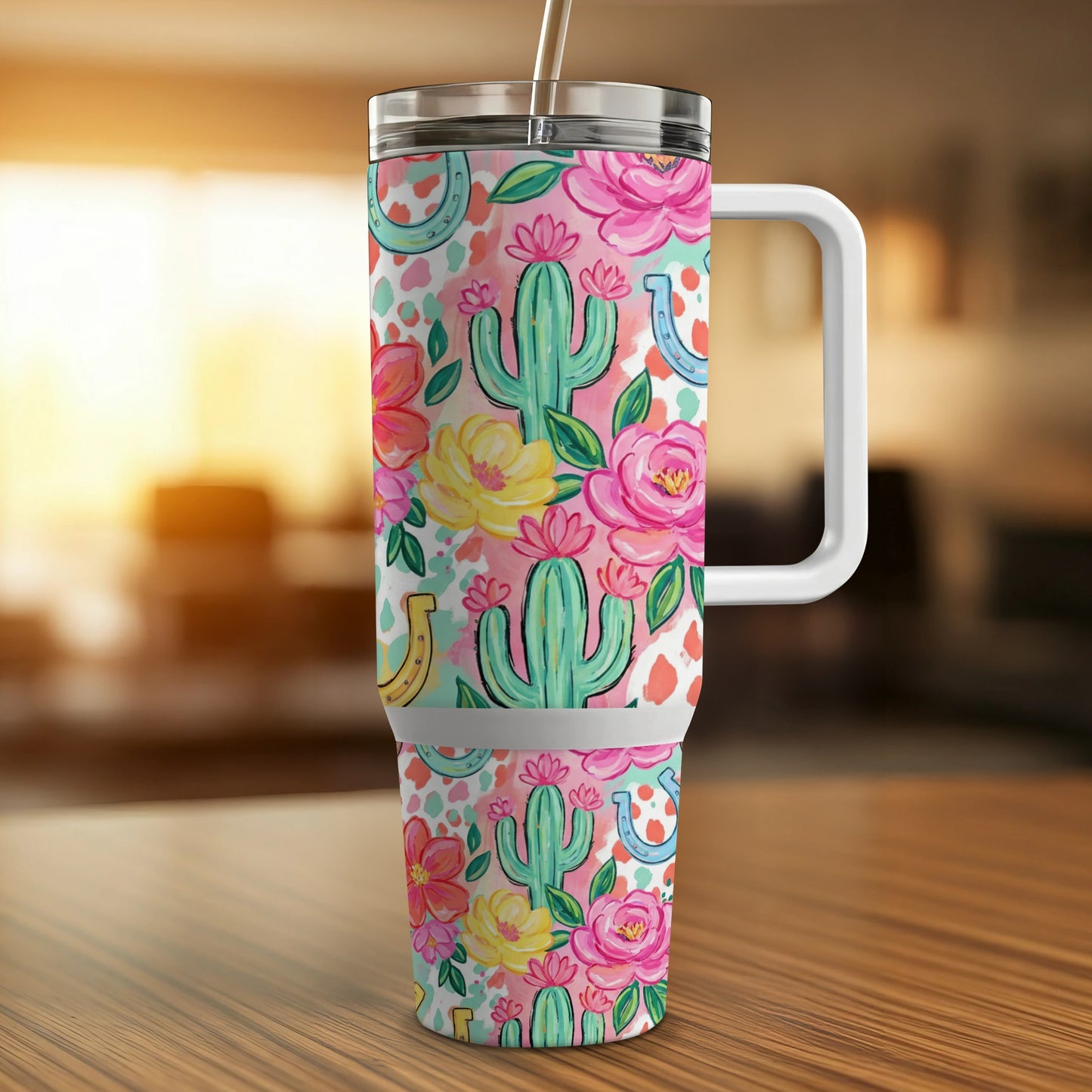 Tumbler with cactus, horseshoe, and floral pattern.