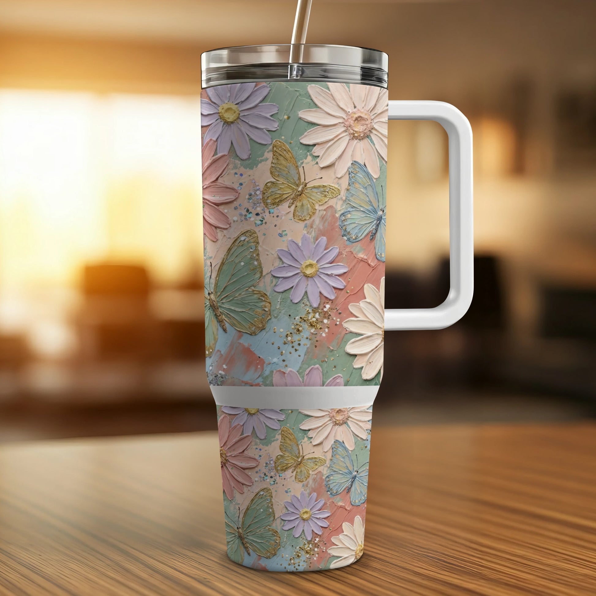 Floral and butterfly patterned tumbler with handle and straw.