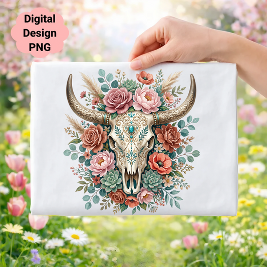Boho skull with flowers and pampas grass, digital design PNG.