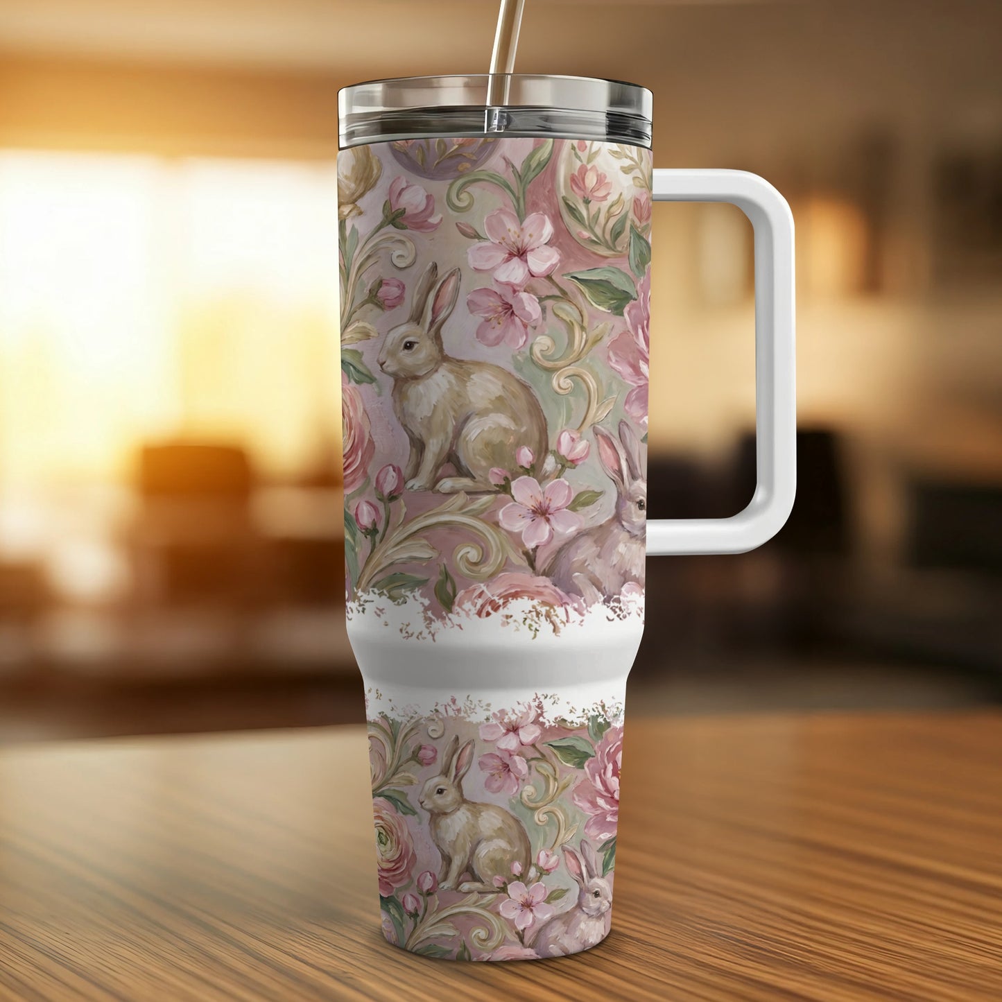 Tumbler with Easter bunnies, pink flowers, and ornate scrollwork pattern.