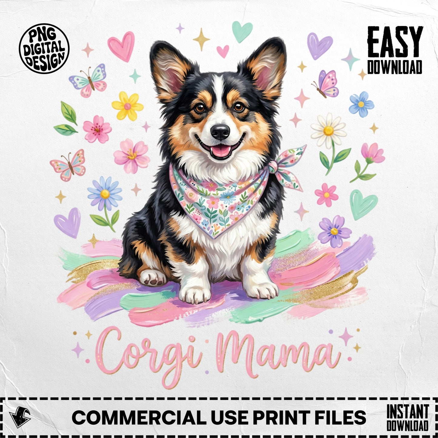 Corgi wearing a bandana sits on colorful brush strokes with butterflies and flowers.