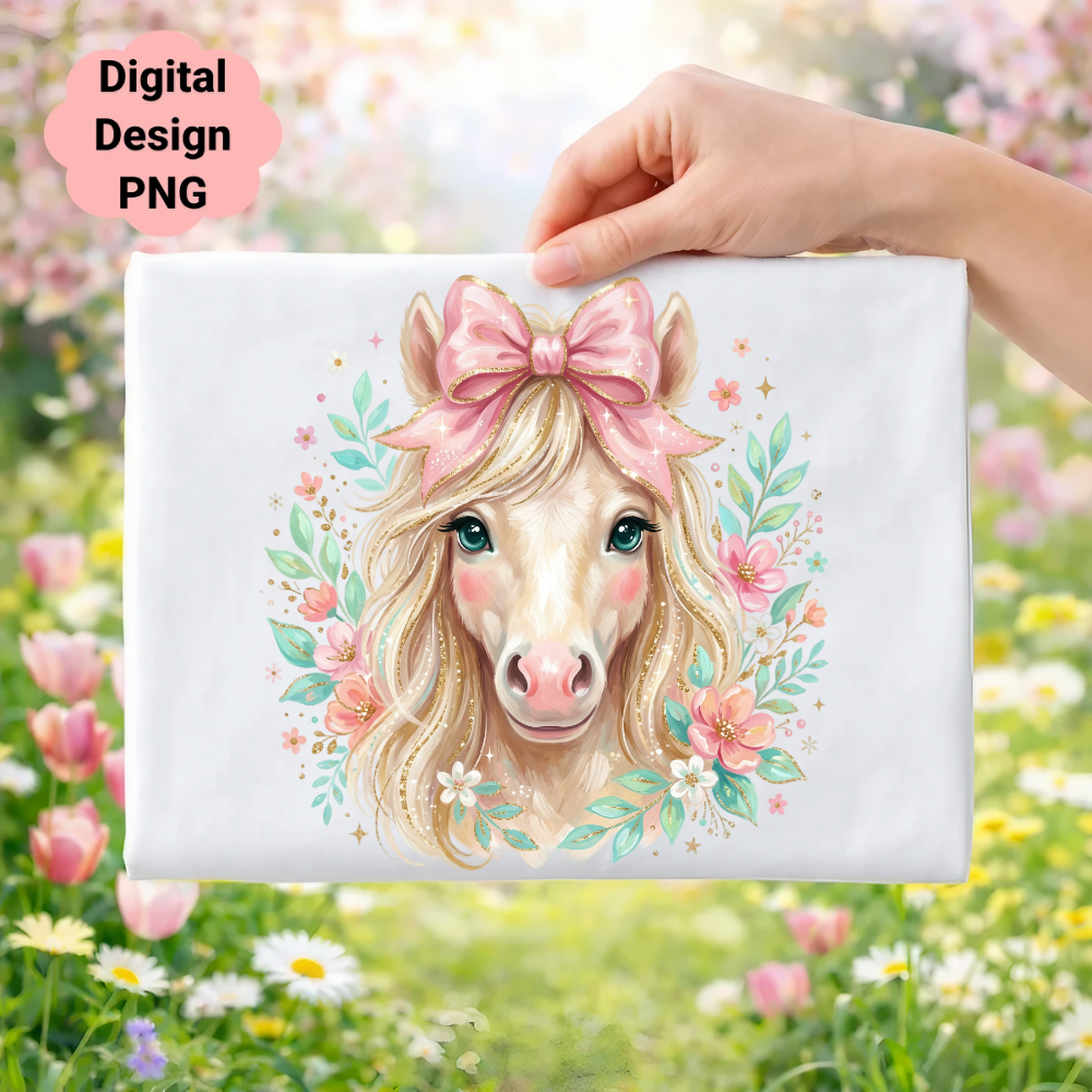 Pastel unicorn with floral wreath and pink bow.