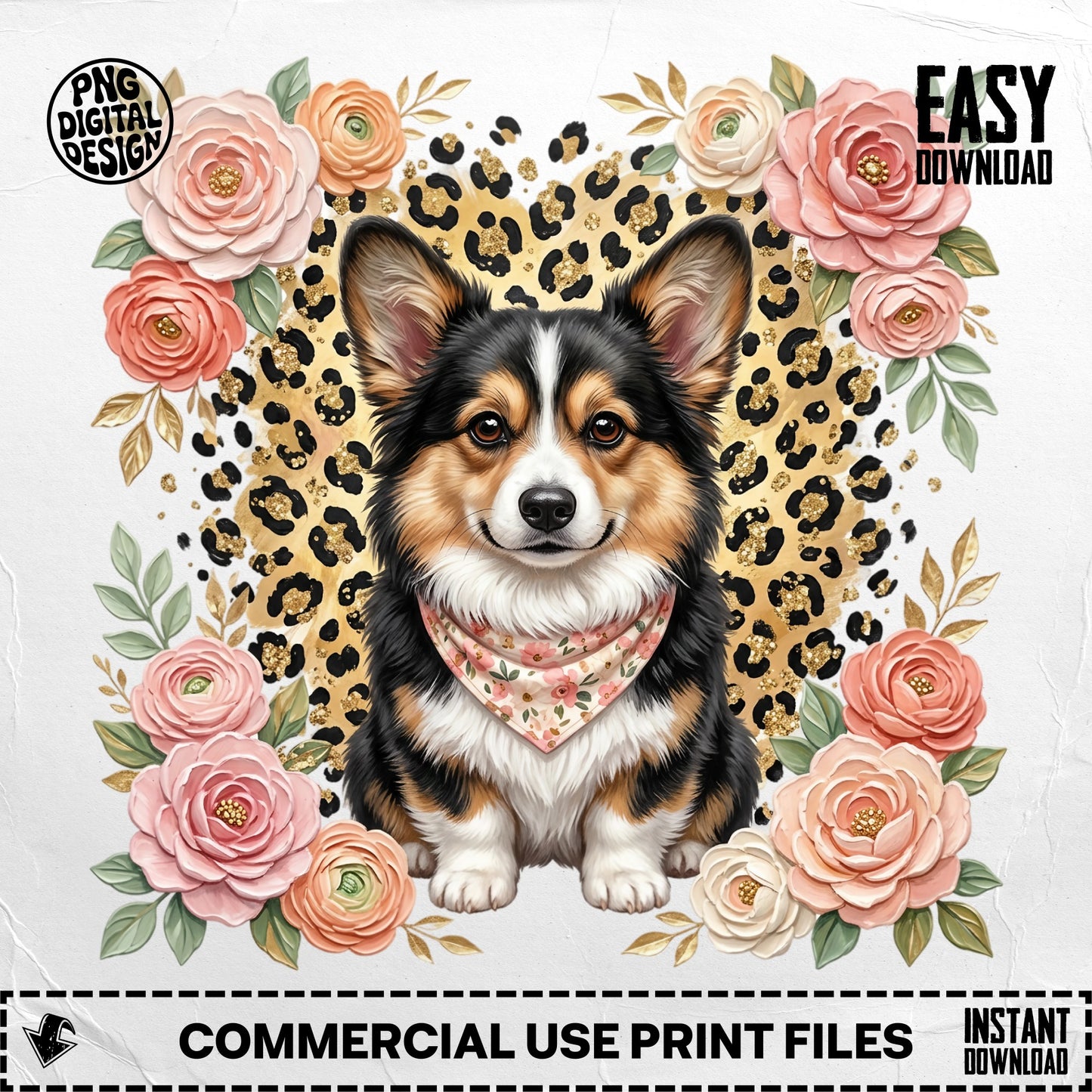 Corgi with floral frame and leopard print heart background.