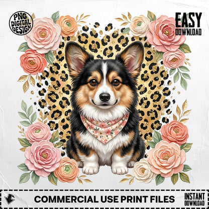 Corgi with floral frame and leopard print heart background.