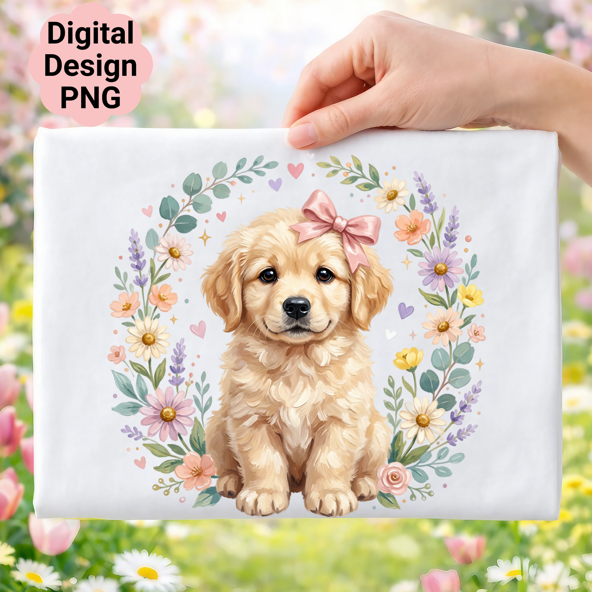 Golden retriever puppy in floral wreath with pink bow.