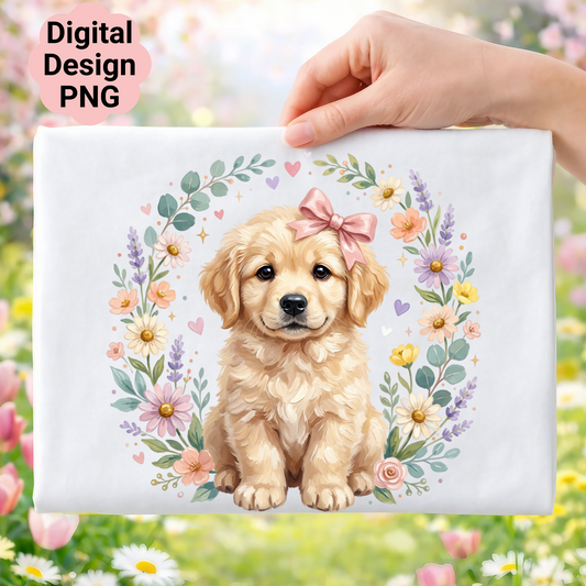 Golden retriever puppy in floral wreath with pink bow.