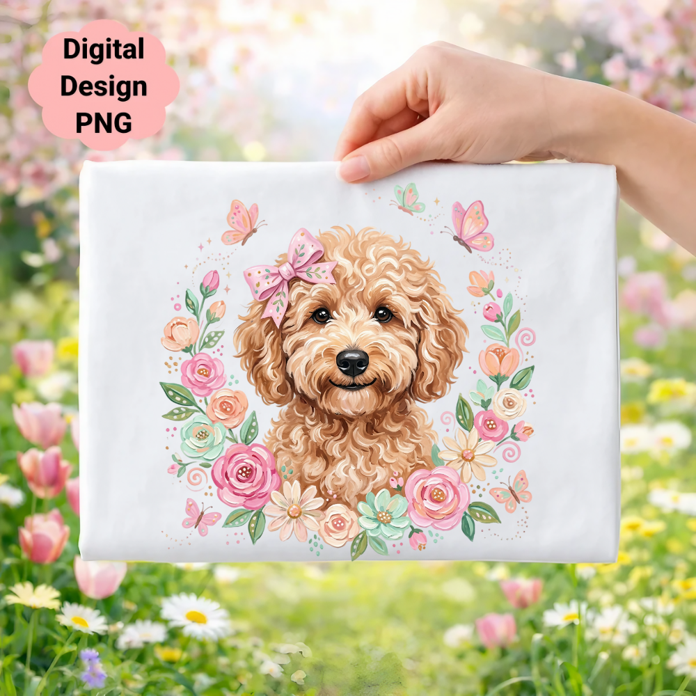 Goldendoodle puppy with floral wreath and butterflies.