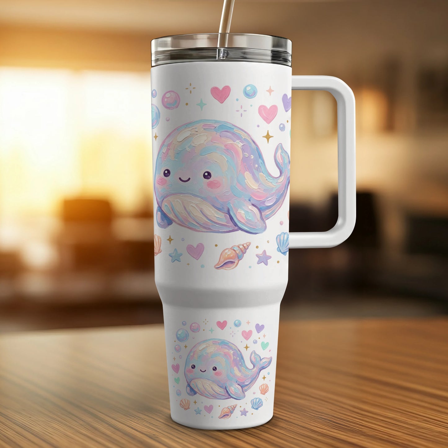 White tumbler with pastel whale design, hearts, and seashells.