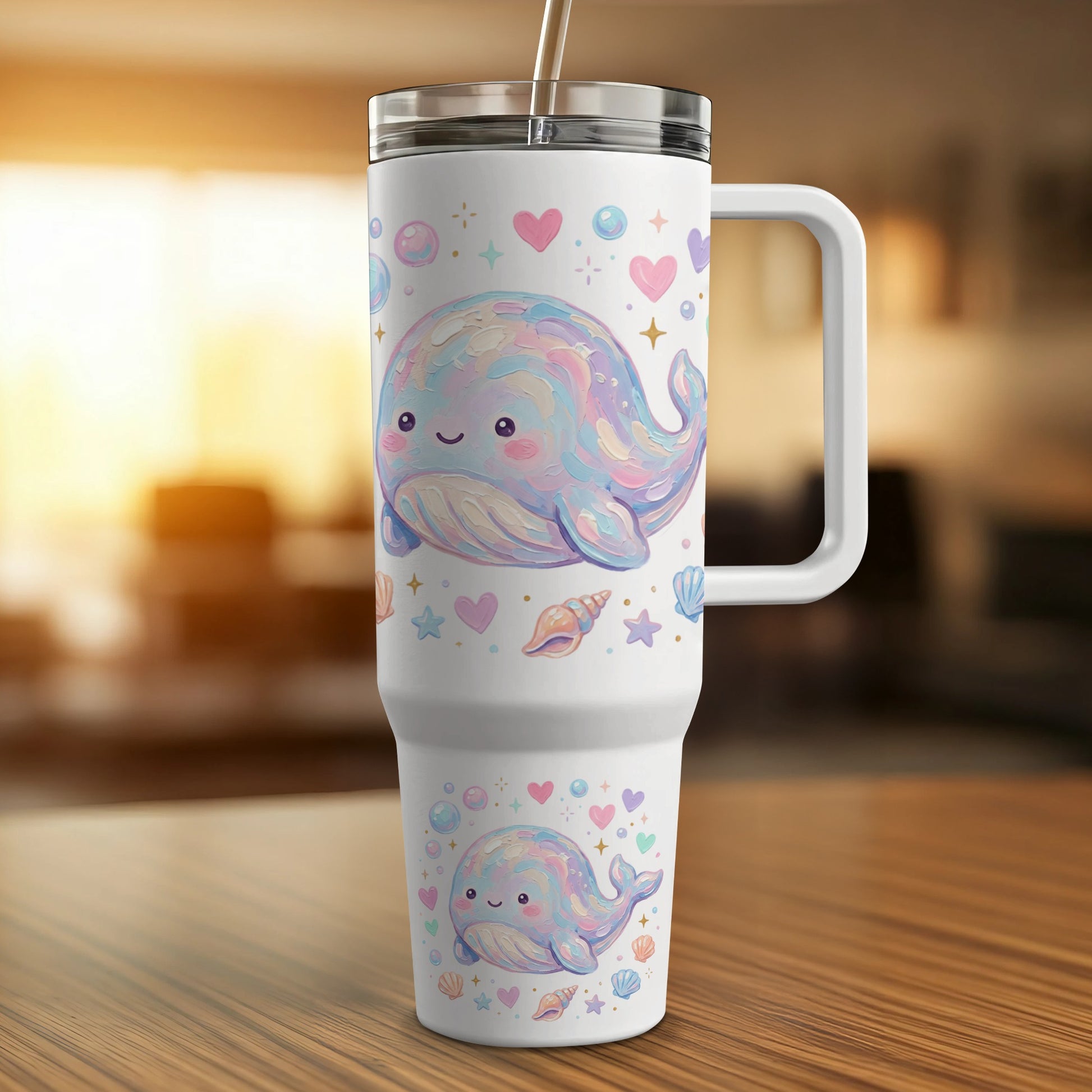 White tumbler with pastel whale design, hearts, and seashells.