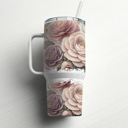 Tumbler with a floral pattern of pink and mauve roses, straw in lid.