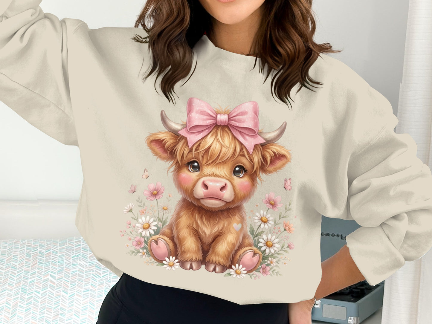 Cute cartoon Highland cow with pink bow and flowers.