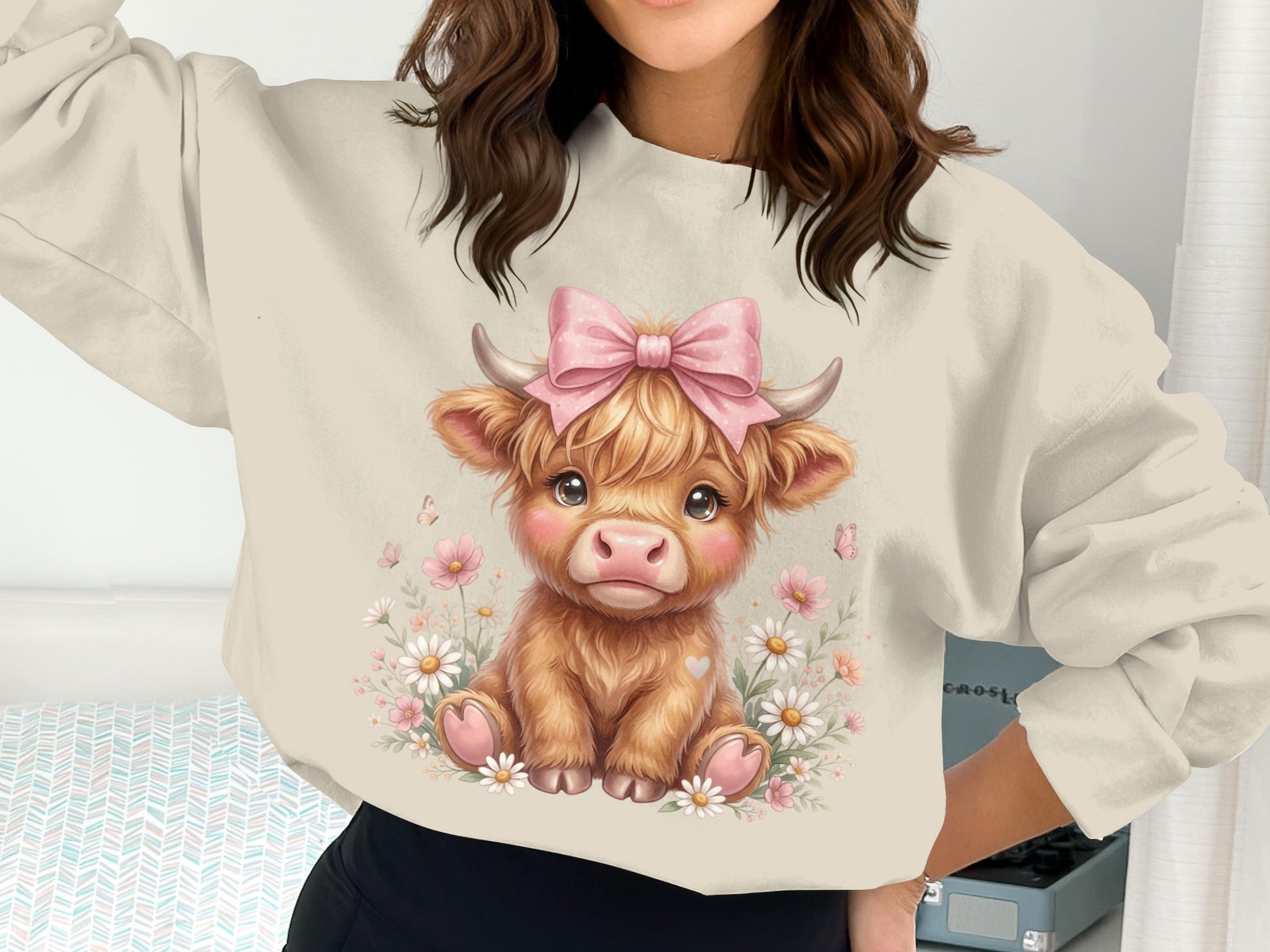 Cute cartoon Highland cow with pink bow and flowers.