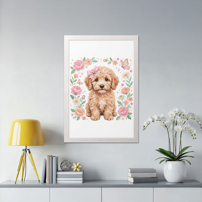 Framed illustration of a fluffy light brown puppy with a pink bow and butterflies.