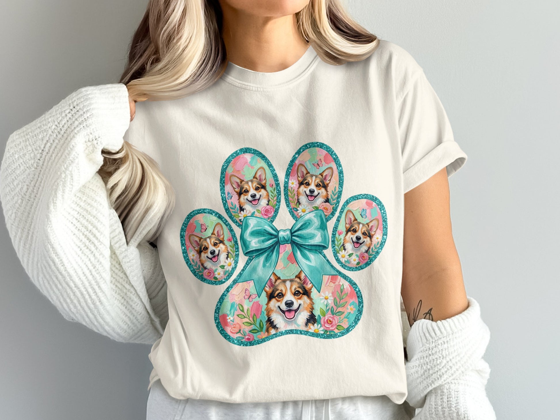Cream t-shirt with a paw print graphic featuring corgi puppies and flowers.