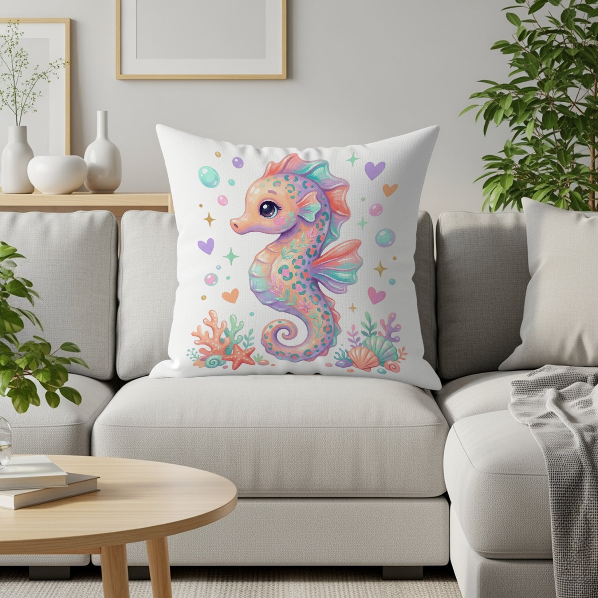 Pillow with a colorful seahorse design and underwater accents.