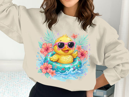 Yellow duck in sunglasses floats in inflatable ring with tropical flowers.