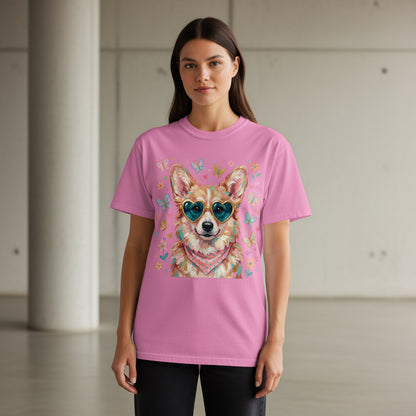 Pink t-shirt with a corgi wearing heart sunglasses and a bandana.