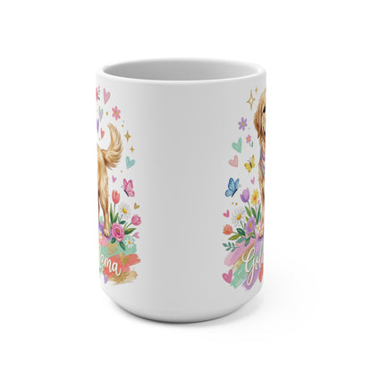 Golden Retriever dog with flowers and "Mama" text on a white mug.