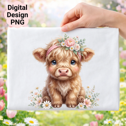 Cute fluffy baby cow with floral crown and daisies.