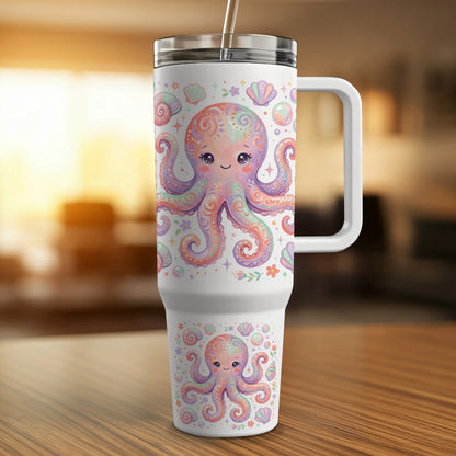White tumbler with cartoon octopus and seashell pattern.