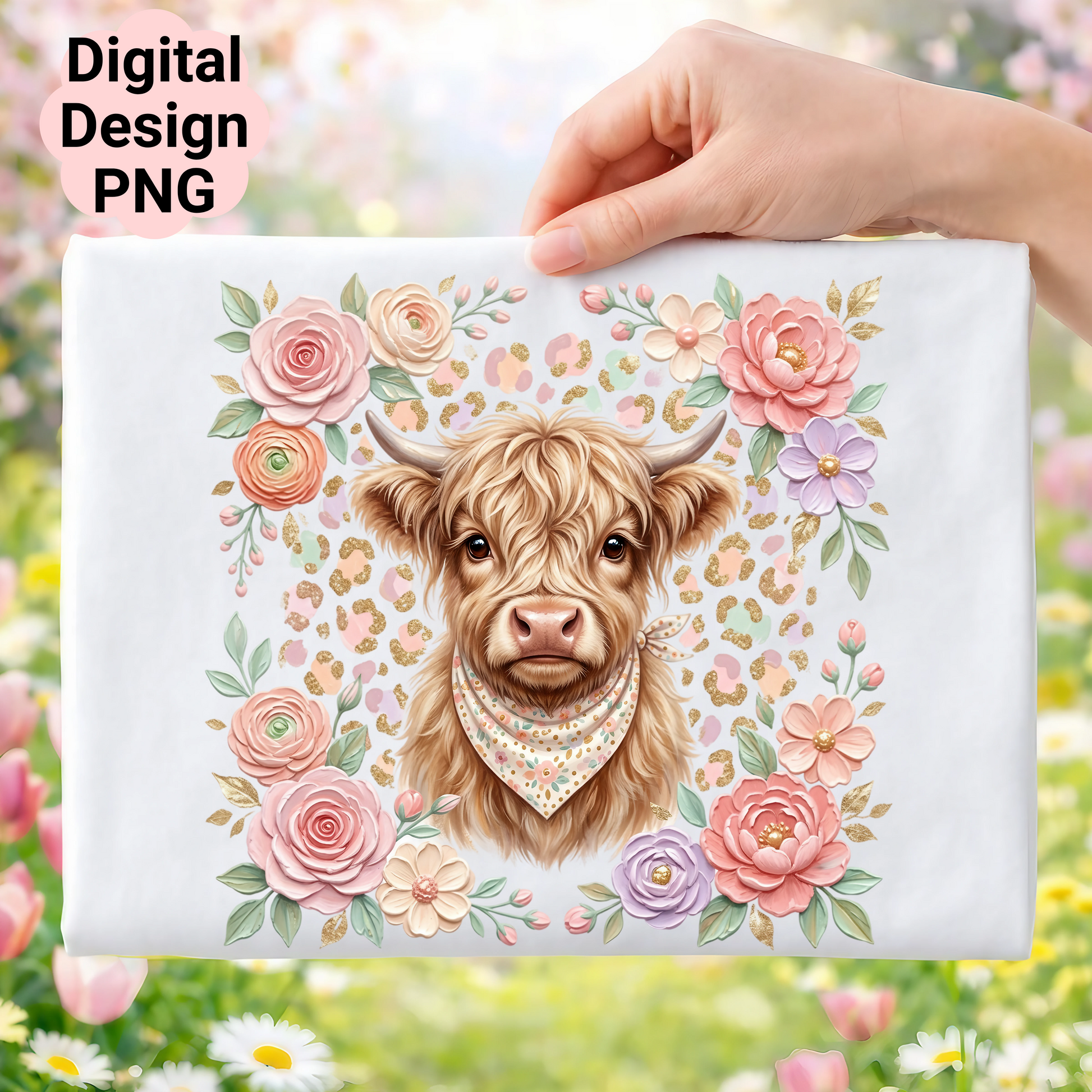 Highland cow with floral wreath and leopard print background, Digital Design PNG.