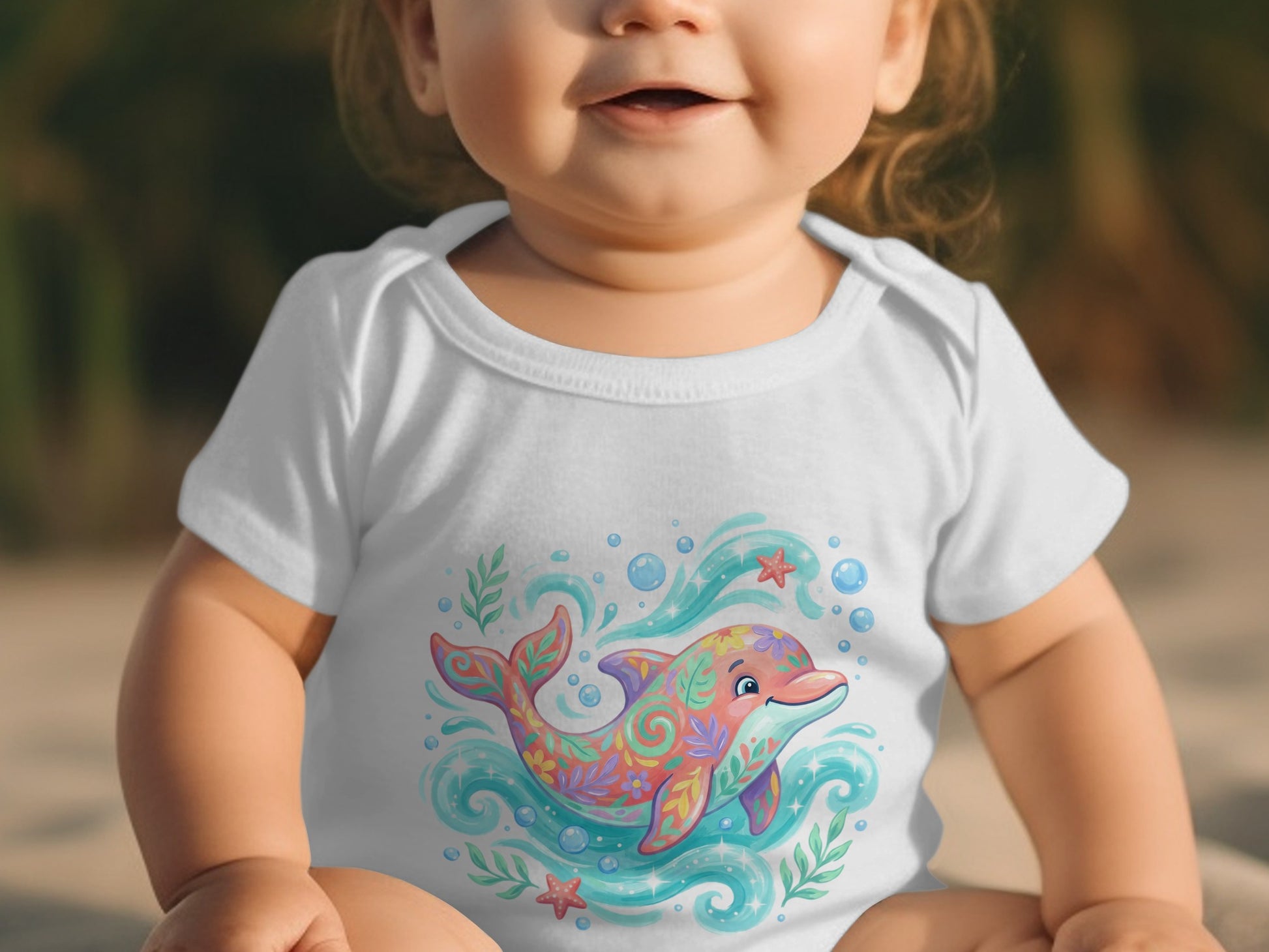 Baby wearing white onesie with colorful coral reef dolphin graphic.