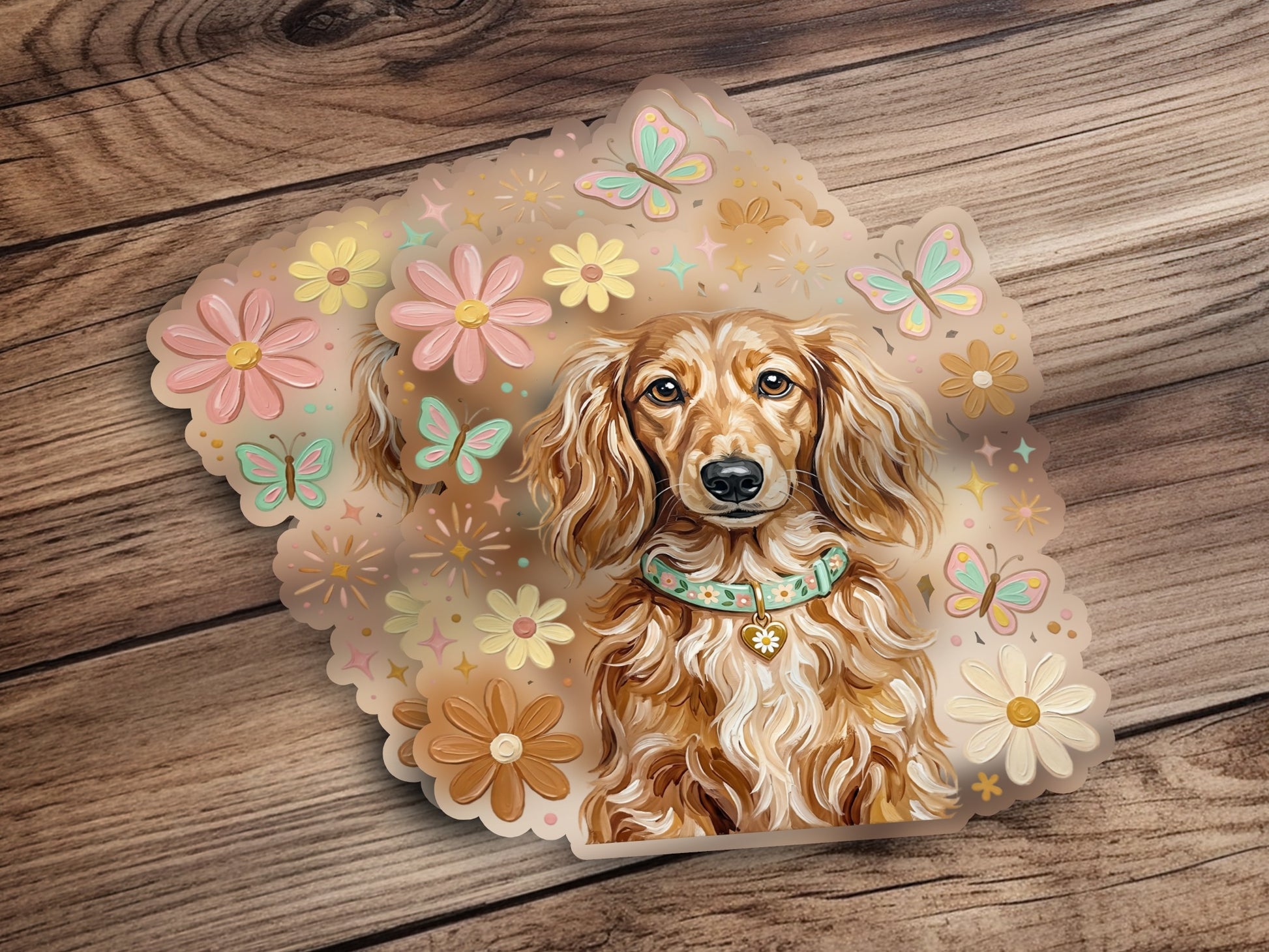 Dachshund wearing a floral collar surrounded by pastel butterflies and flowers.