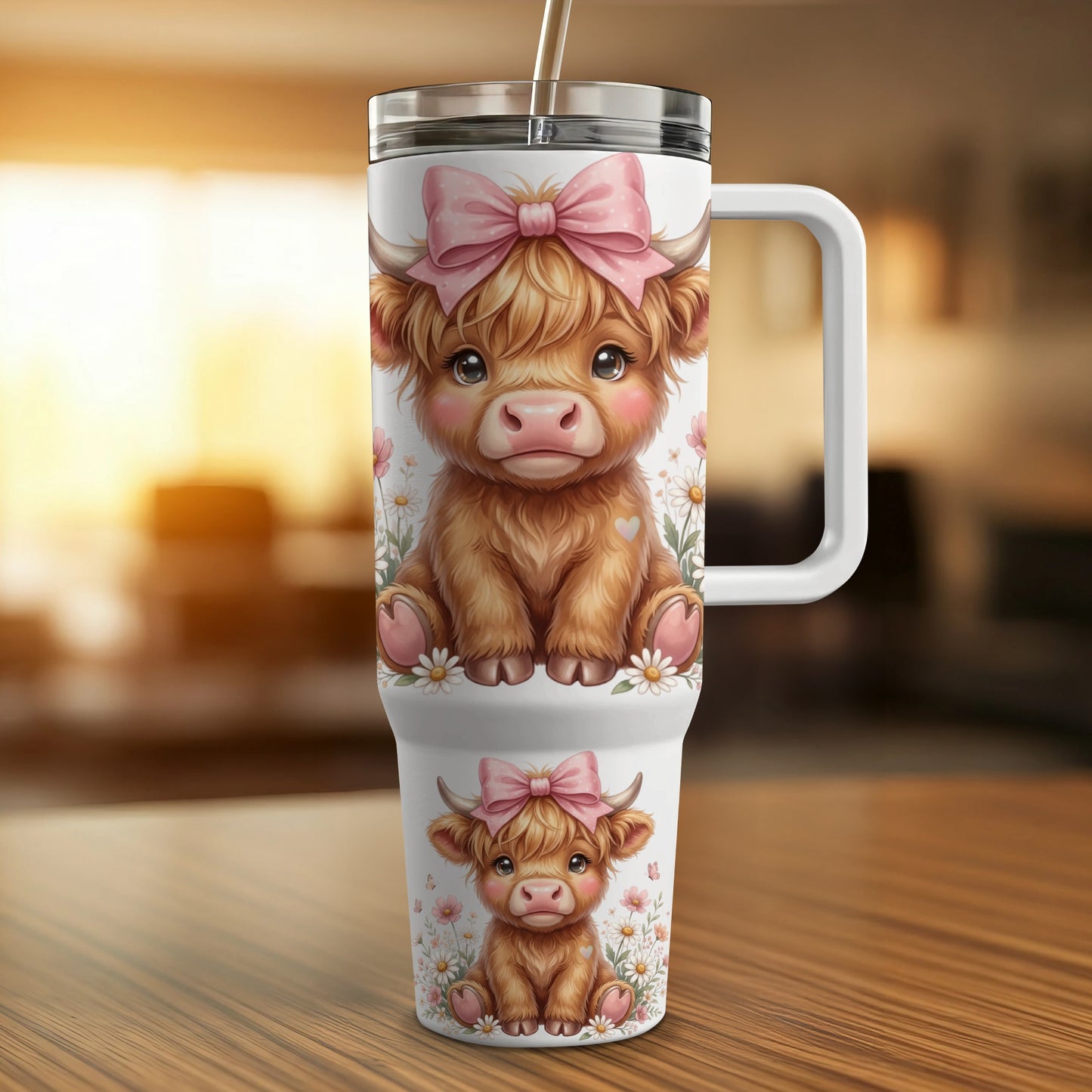 White tumbler with highland cow illustration and pink bows.