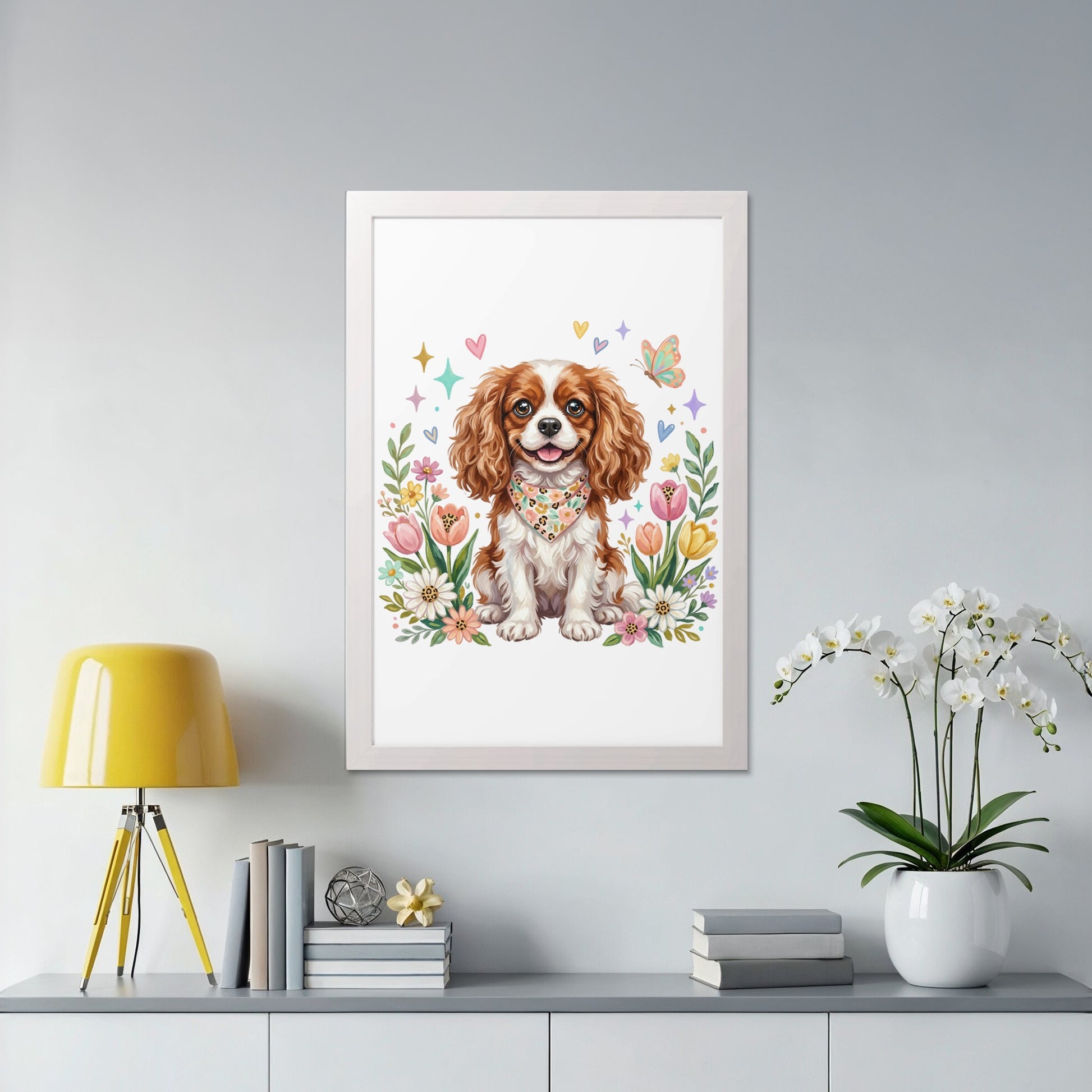 Watercolor painting of a Cavalier King Charles Spaniel in a floral border.