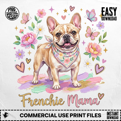 French Bulldog wearing bandana surrounded by flowers and butterflies.
