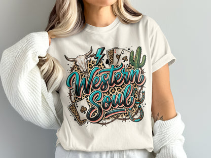 Western Soul text with skull, cards, horseshoe, and cactus on leopard print.