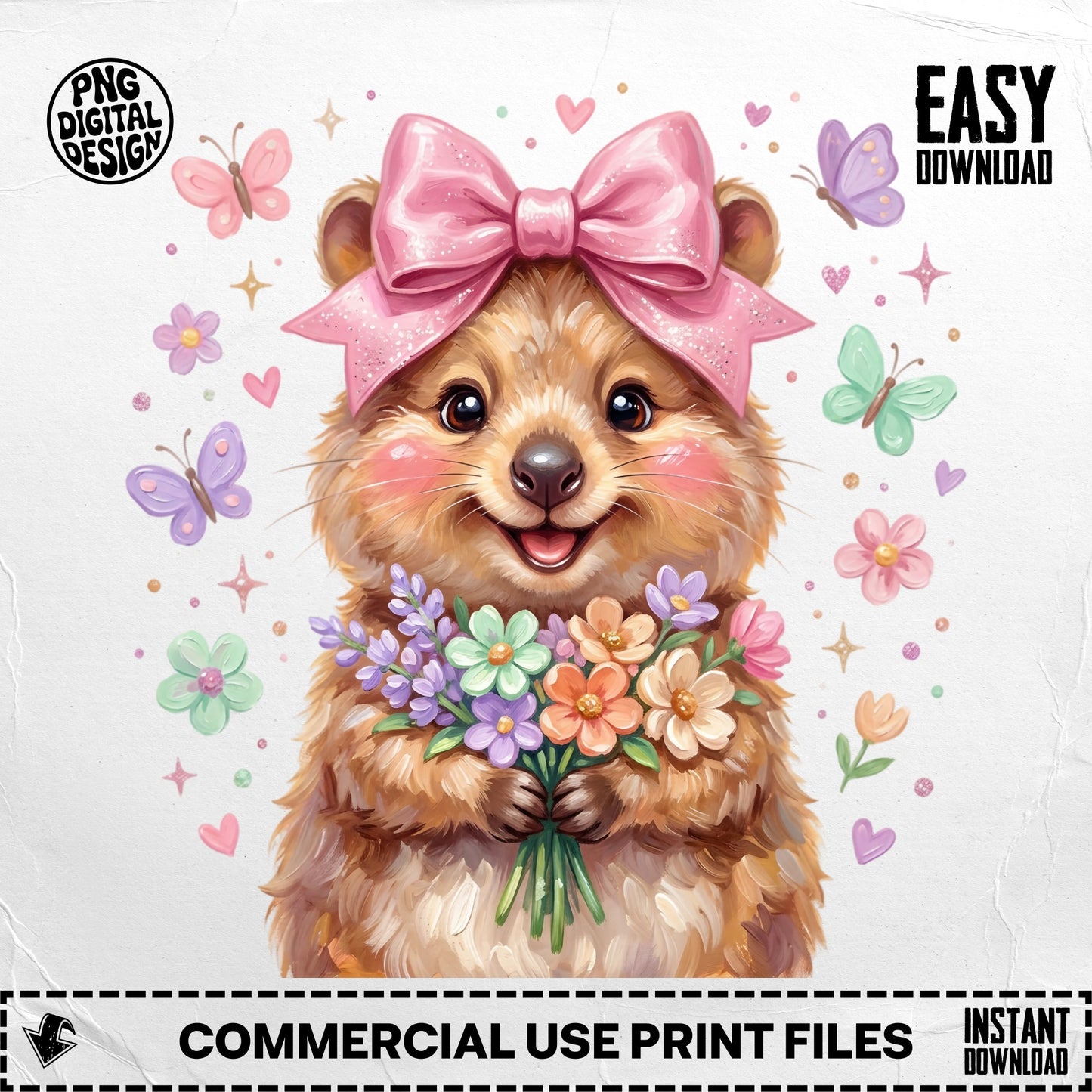 Cartoon quokka wearing a pink bow, holding a bouquet of flowers, with butterflies.