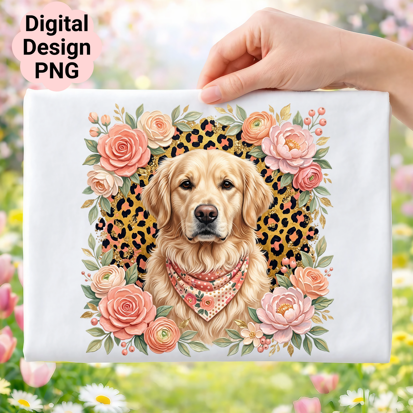 Golden Retriever with floral wreath and leopard print background.