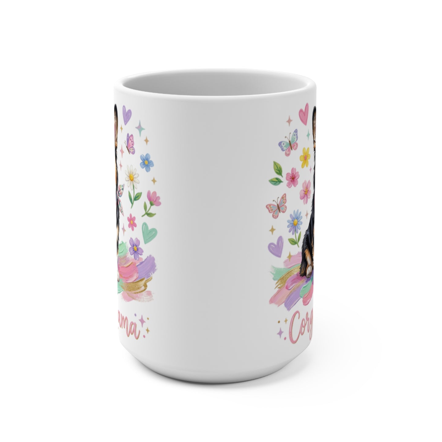 White mug with colorful floral and butterfly accents and dog illustration.