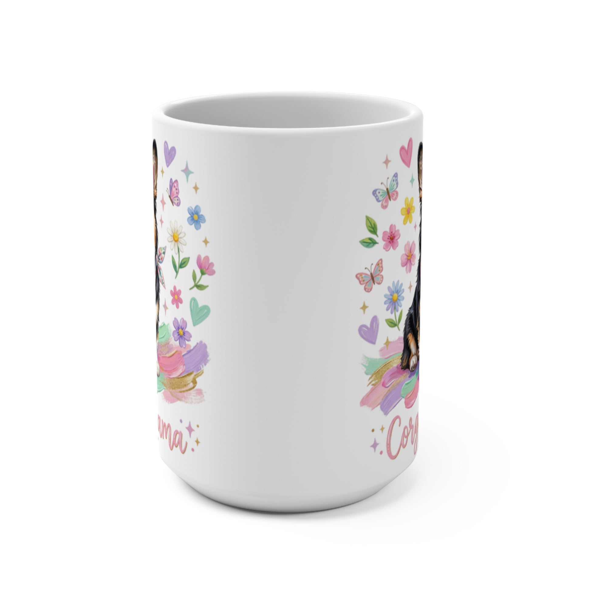 White mug with colorful floral and butterfly accents and dog illustration.