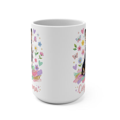 White mug with colorful floral and butterfly accents and dog illustration.