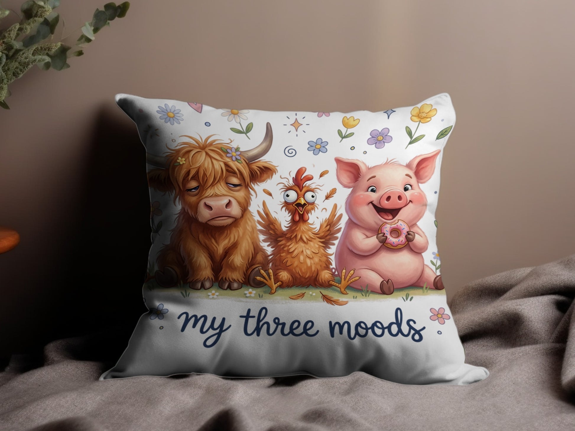 Three cartoon animals - cow, chicken, pig - on a pillow with text.
